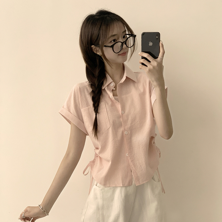 シャツ ストライプロールアップ半袖シャツ PINK