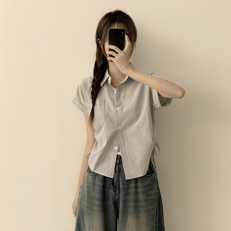 シャツ ストライプロールアップ半袖シャツ BLACK