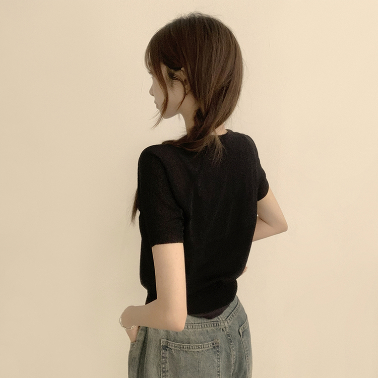 カーディガン ボタンセミクロップ半袖カーディガン(5color) BLACK