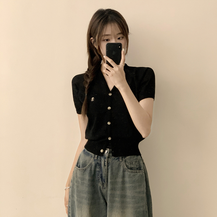 カーディガン ボタンセミクロップ半袖カーディガン(5color) BLACK
