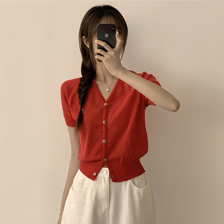 カーディガン ボタンセミクロップ半袖カーディガン(5color) RED