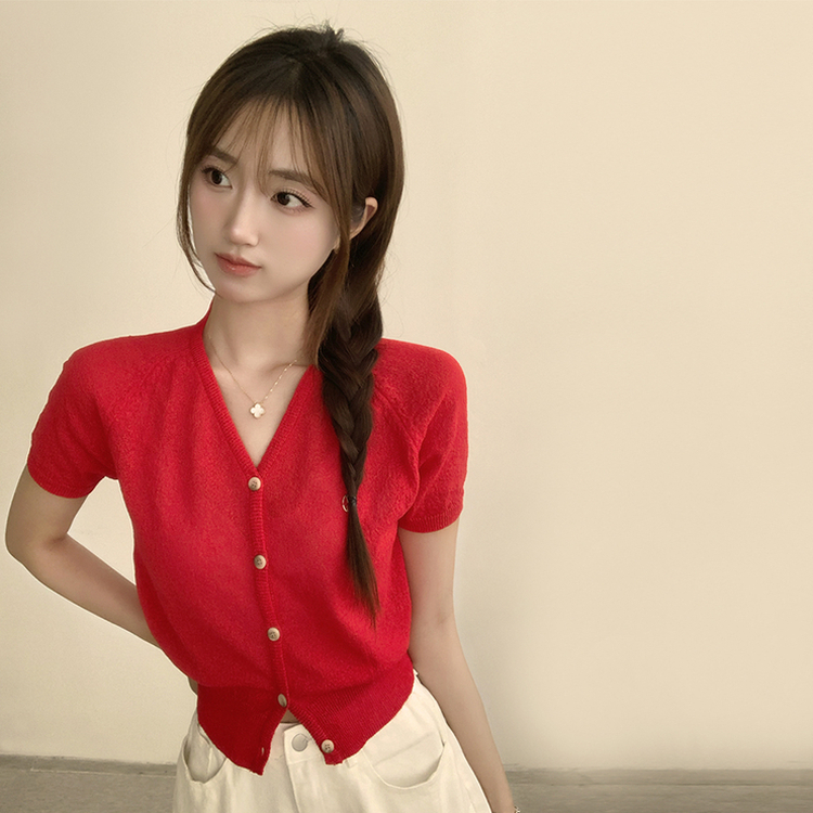 カーディガン ボタンセミクロップ半袖カーディガン(5color) RED