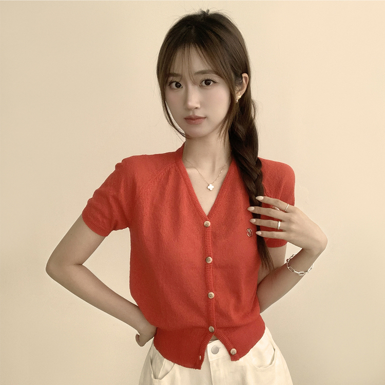 カーディガン ボタンセミクロップ半袖カーディガン(5color) RED