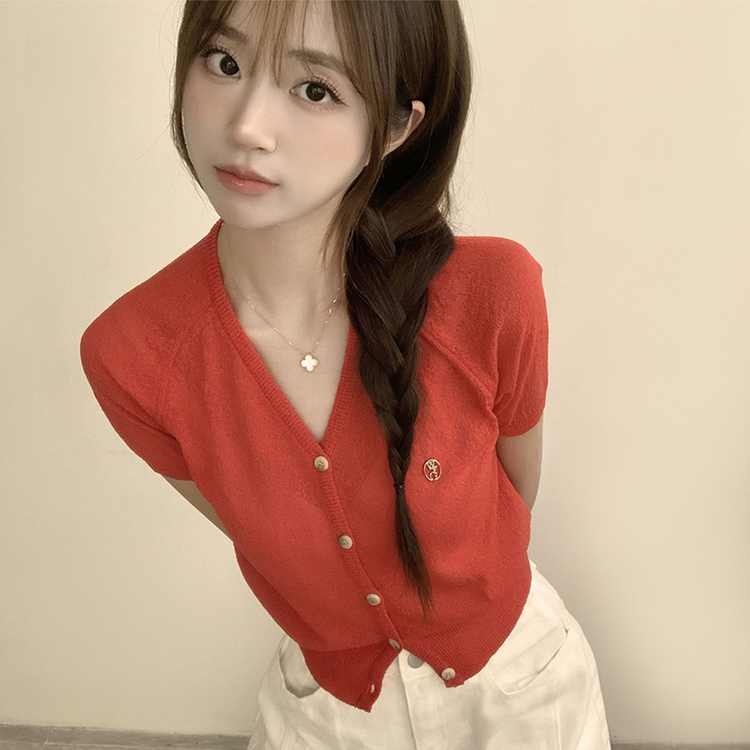 カーディガン ボタンセミクロップ半袖カーディガン(5color) RED