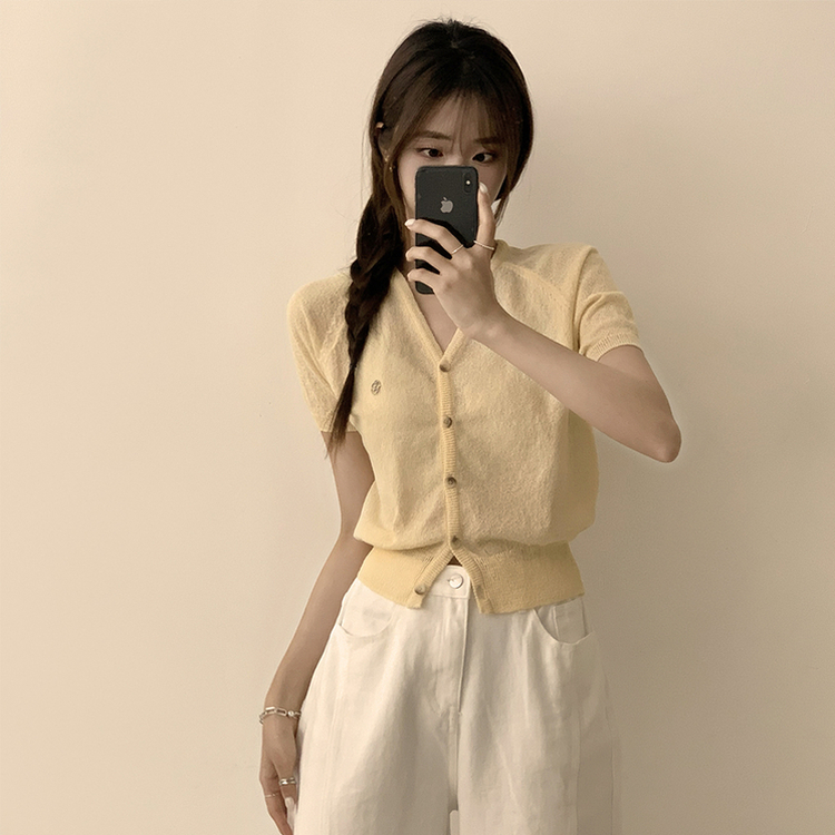 カーディガン ボタンセミクロップ半袖カーディガン(5color) YELLOW