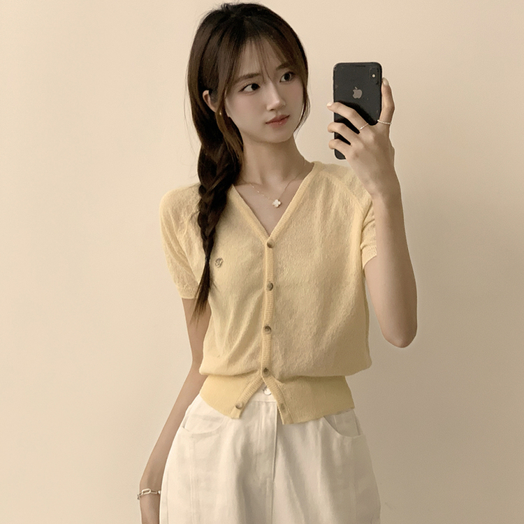 カーディガン ボタンセミクロップ半袖カーディガン(5color) YELLOW