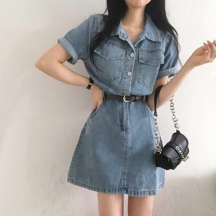 【REKNA】デニムミニワンピース ベルト付き】ロールアップデニムワンピース｜ミニワンピース