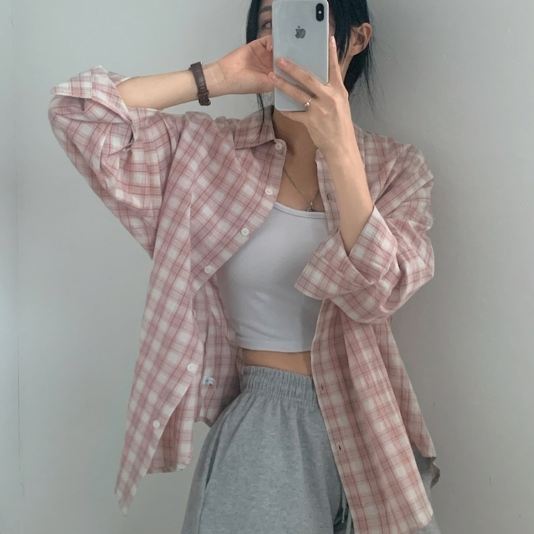 루즈핏 체크 셔츠남방 3color 핑크