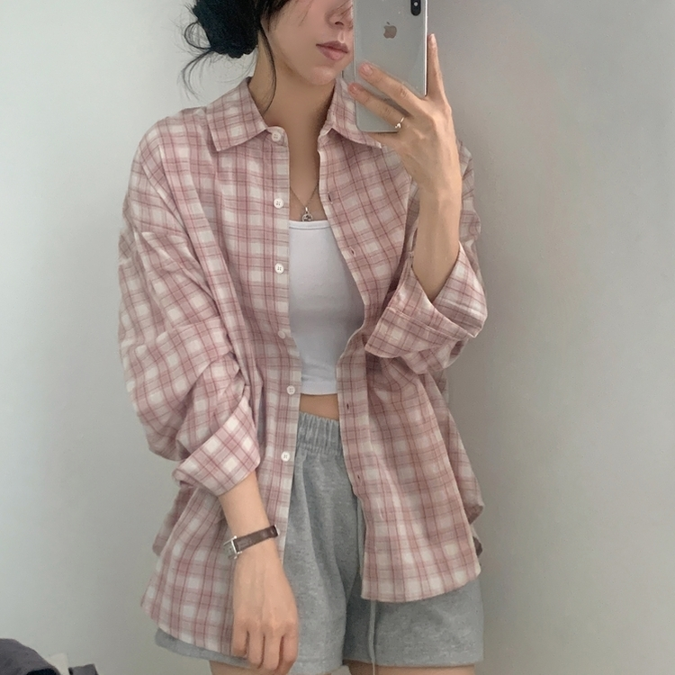 루즈핏 체크 셔츠남방 3color 핑크