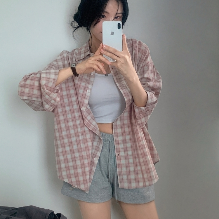 루즈핏 체크 셔츠남방 3color 핑크