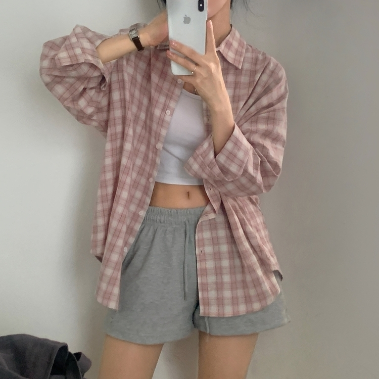 루즈핏 체크 셔츠남방 3color 핑크