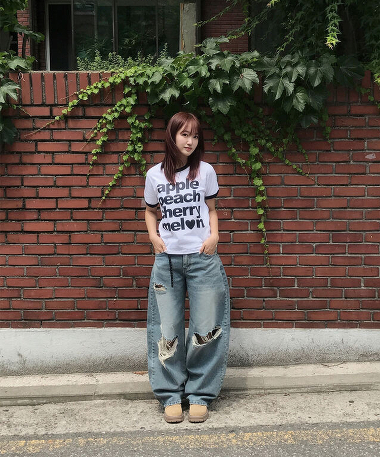 ダメージバルーンワイドデニムパンツ MIDDLE BLUE