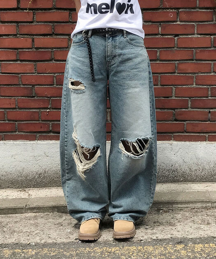ダメージバルーンワイドデニムパンツ MIDDLE BLUE