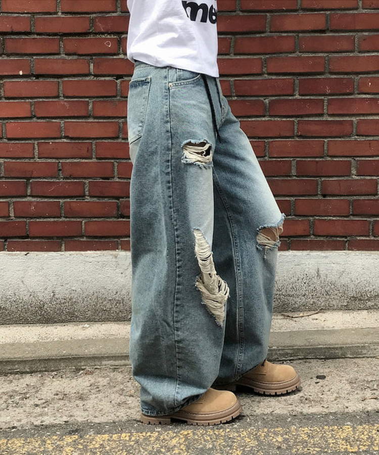 ダメージバルーンワイドデニムパンツ MIDDLE BLUE