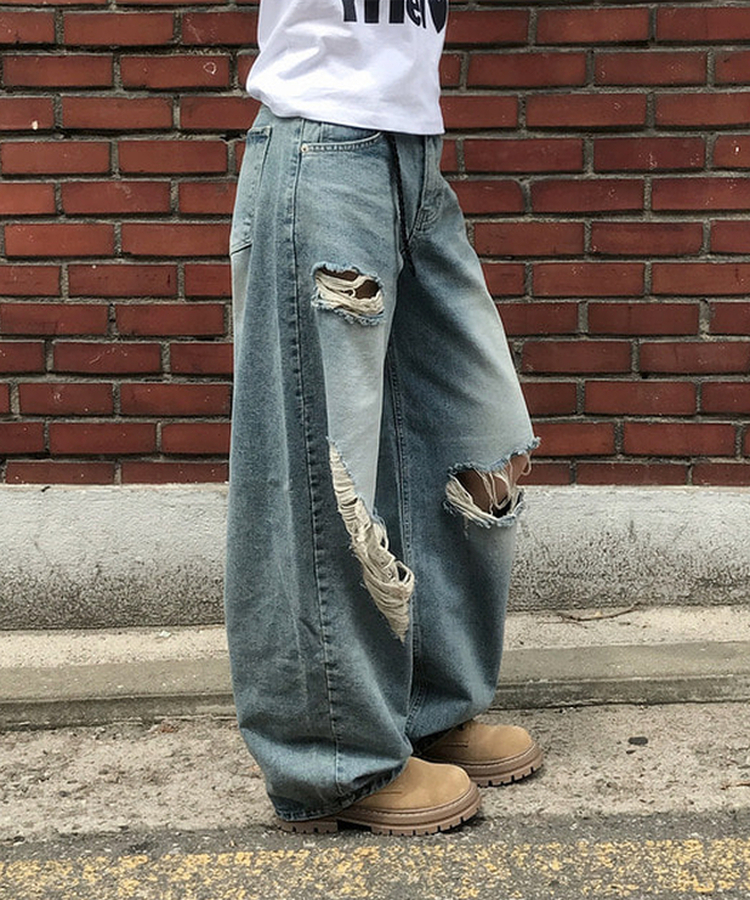 ダメージバルーンワイドデニムパンツ MIDDLE BLUE