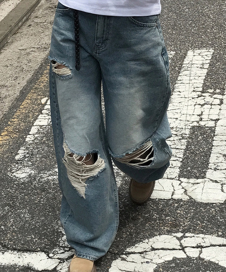 ダメージバルーンワイドデニムパンツ MIDDLE BLUE
