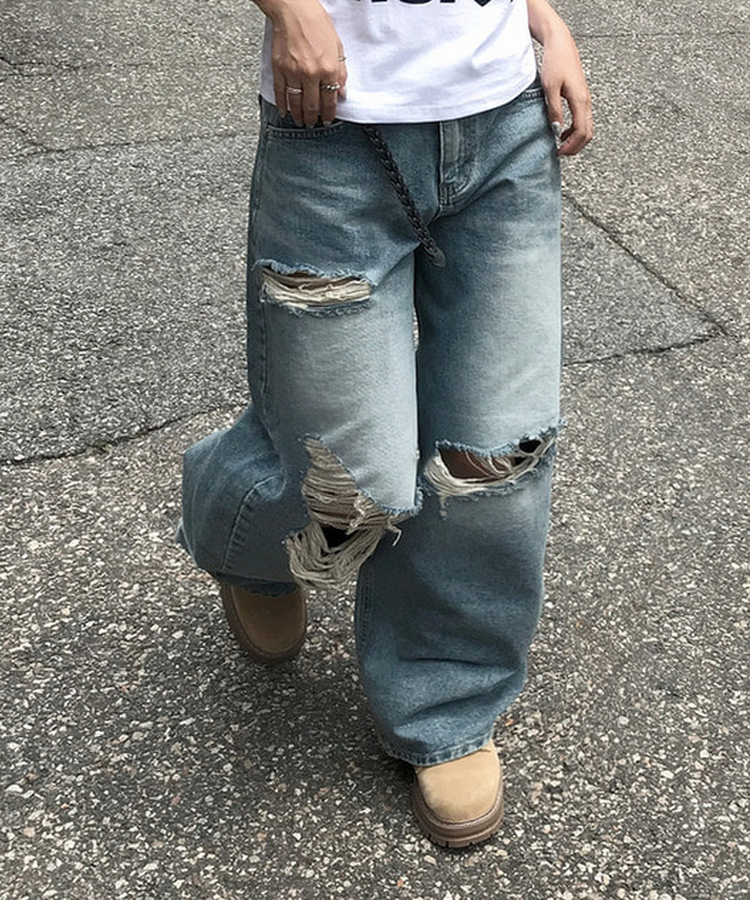 ダメージバルーンワイドデニムパンツ MIDDLE BLUE