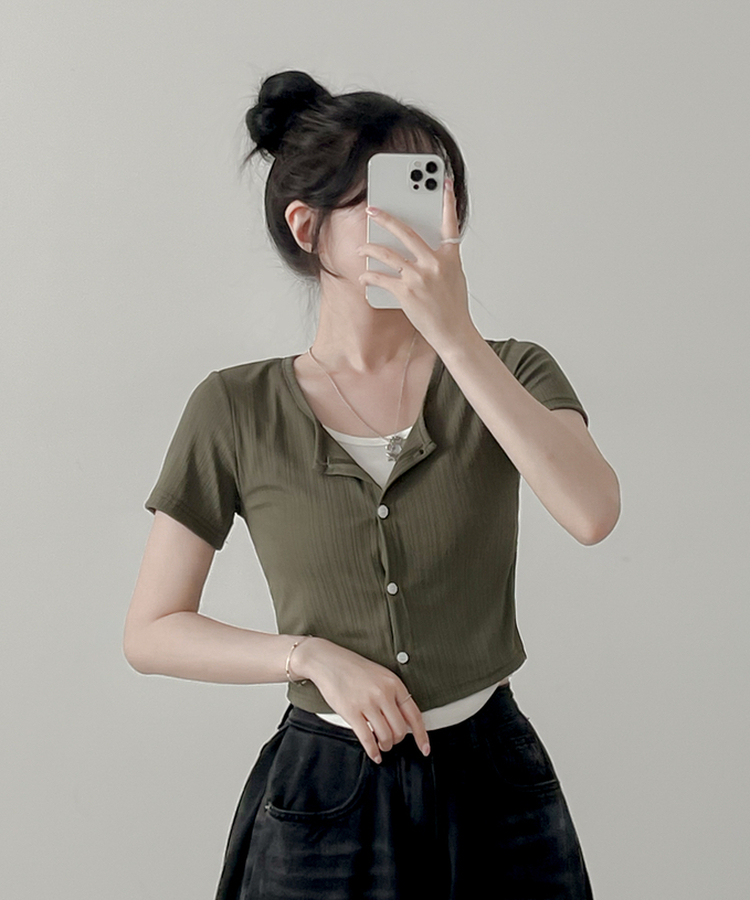半袖Tシャツ レイヤードカーディガン半袖Tシャツ KHAKI