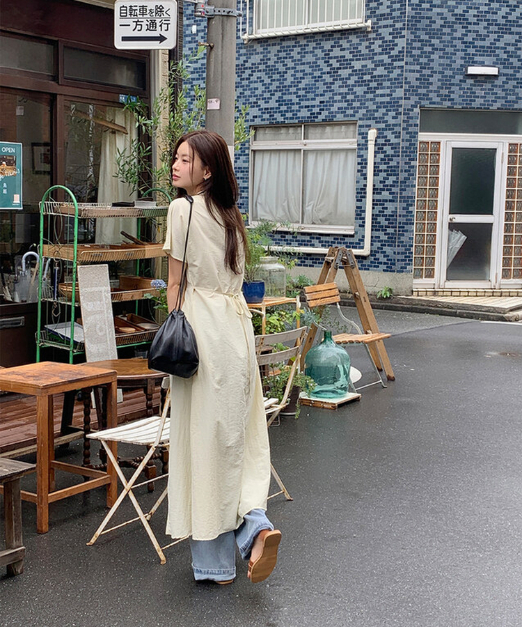 ロングワンピース 【丈別】ナイロンストラップ半袖ワンピース BUTTER BEIGE