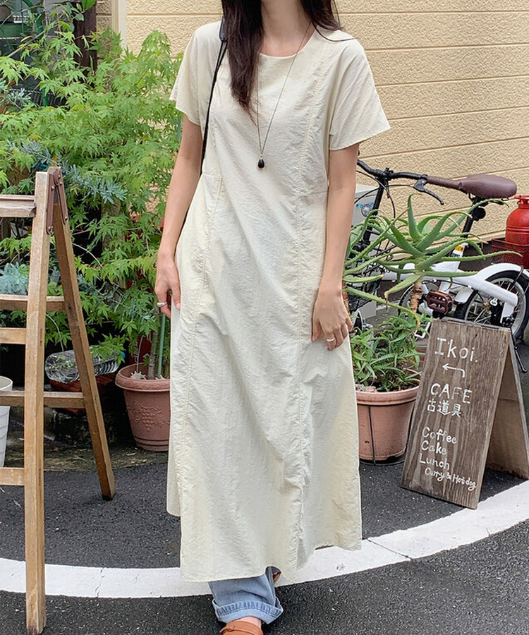 ロングワンピース 【丈別】ナイロンストラップ半袖ワンピース BUTTER BEIGE
