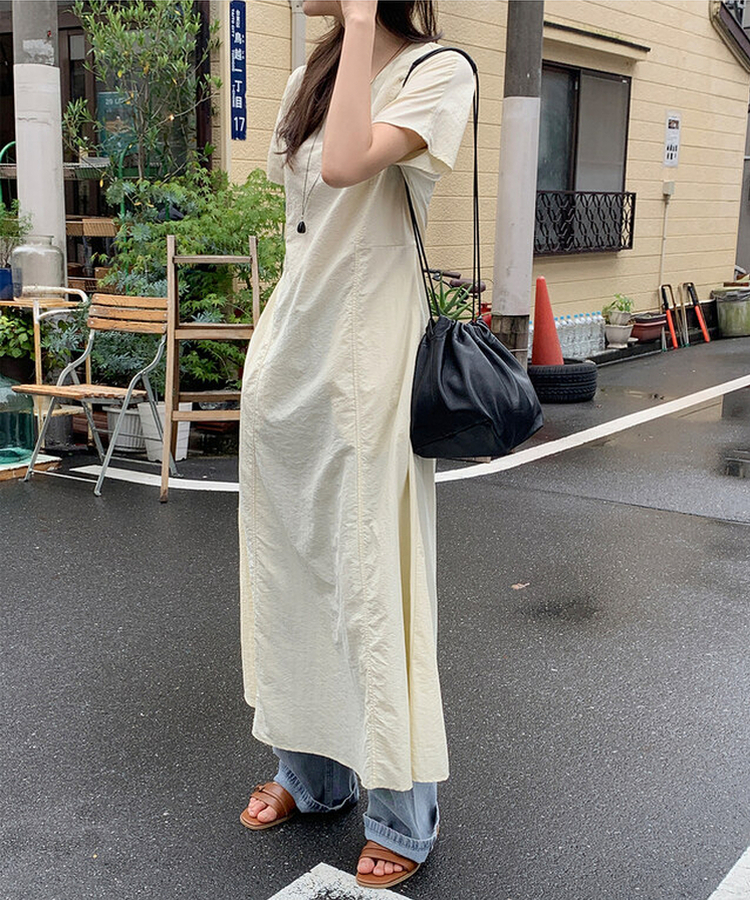 ロングワンピース 【丈別】ナイロンストラップ半袖ワンピース BUTTER BEIGE