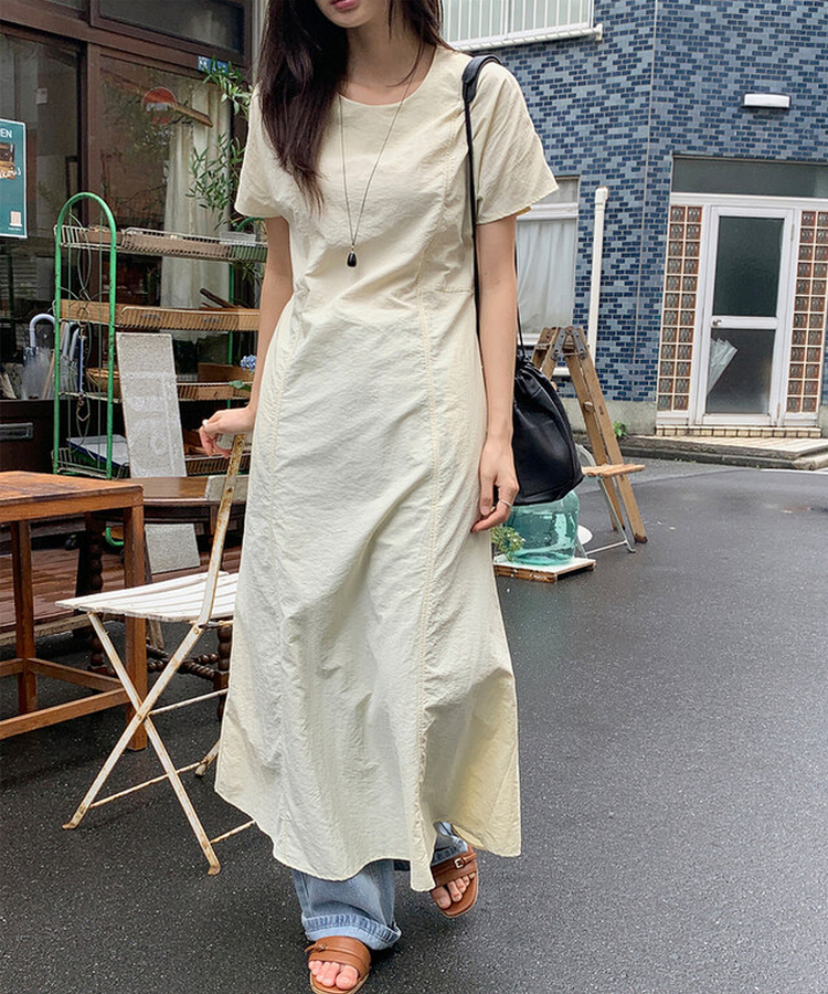 ロングワンピース 【丈別】ナイロンストラップ半袖ワンピース BUTTER BEIGE