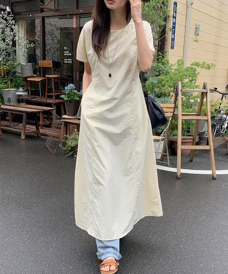 ロングワンピース 【丈別】ナイロンストラップ半袖ワンピース BUTTER BEIGE