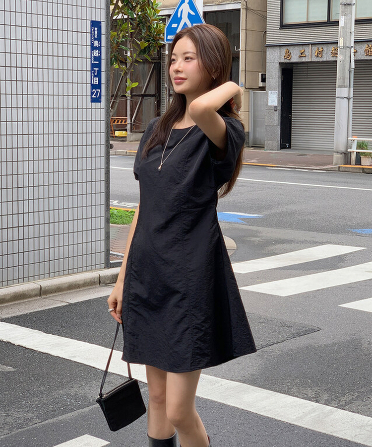 ロングワンピース 【丈別】ナイロンストラップ半袖ワンピース BLACK