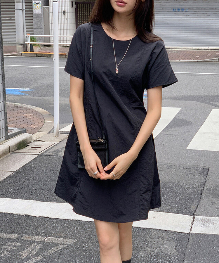 ロングワンピース 【丈別】ナイロンストラップ半袖ワンピース BLACK