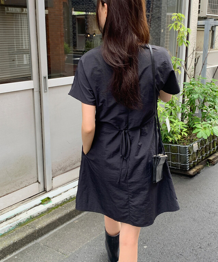 ロングワンピース 【丈別】ナイロンストラップ半袖ワンピース BLACK