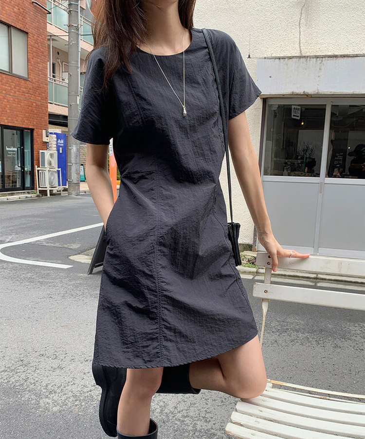 ロングワンピース 【丈別】ナイロンストラップ半袖ワンピース BLACK
