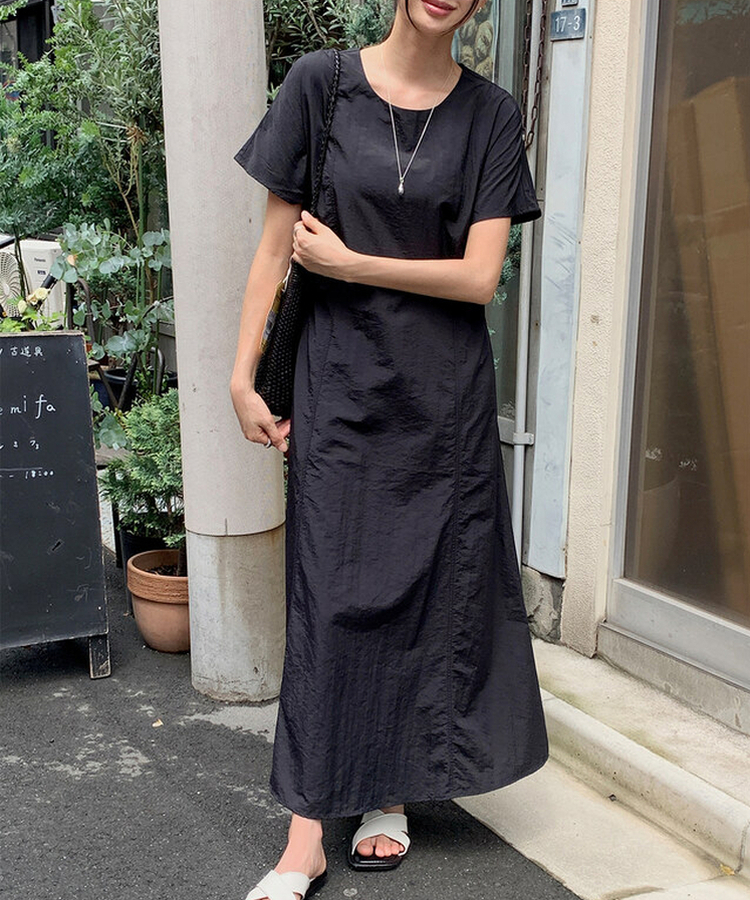 ロングワンピース 【丈別】ナイロンストラップ半袖ワンピース BLACK