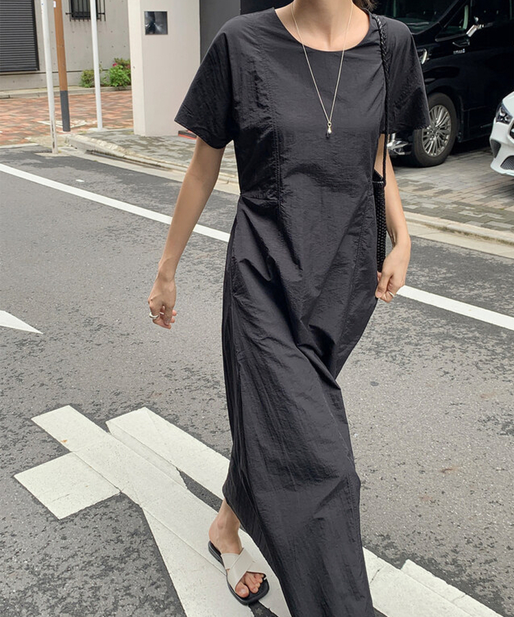 ロングワンピース 【丈別】ナイロンストラップ半袖ワンピース BLACK