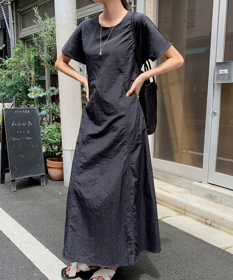 ロングワンピース 【丈別】ナイロンストラップ半袖ワンピース BLACK