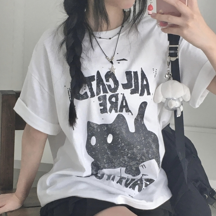완전 넉넉핏 오버핏 박시 고양이 레터링 반소매 반팔티셔츠 화이트