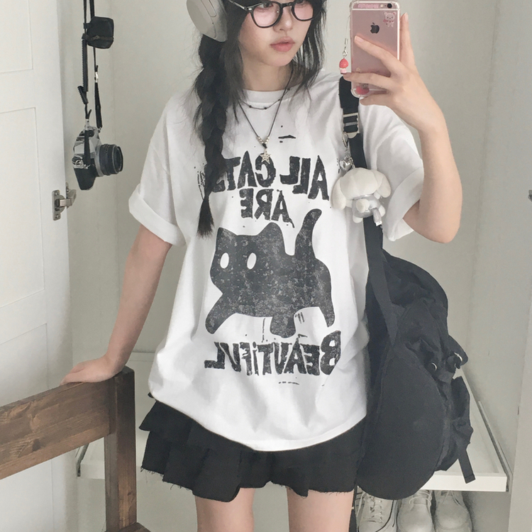 완전 넉넉핏 오버핏 박시 고양이 레터링 반소매 반팔티셔츠 화이트