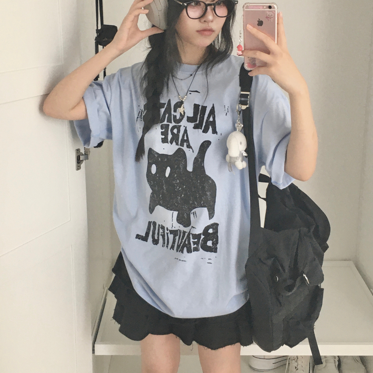 완전 넉넉핏 오버핏 박시 고양이 레터링 반소매 반팔티셔츠 소라