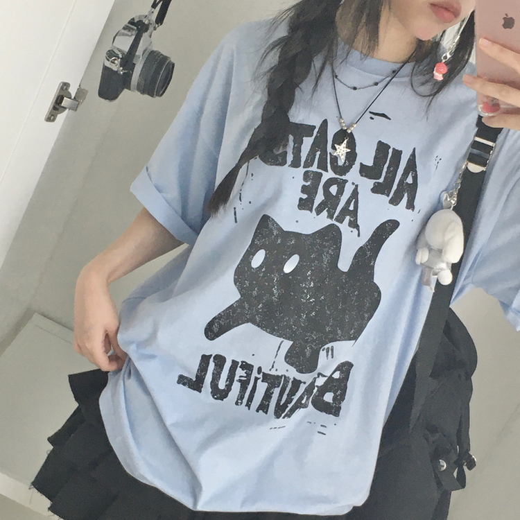 완전 넉넉핏 오버핏 박시 고양이 레터링 반소매 반팔티셔츠 소라