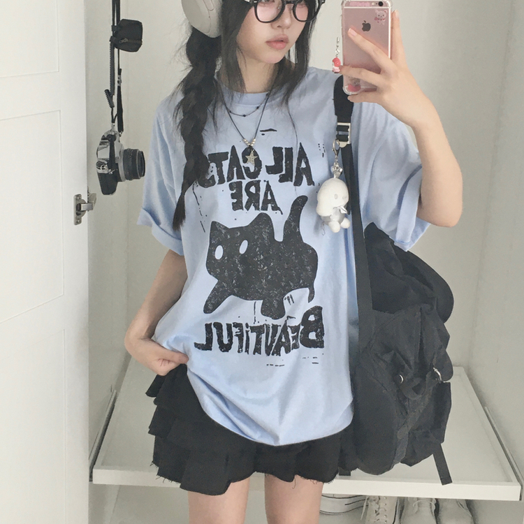 완전 넉넉핏 오버핏 박시 고양이 레터링 반소매 반팔티셔츠 소라