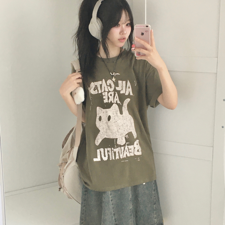 완전 넉넉핏 오버핏 박시 고양이 레터링 반소매 반팔티셔츠 카키