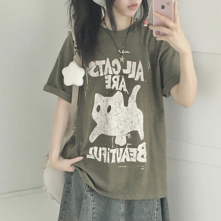 완전 넉넉핏 오버핏 박시 고양이 레터링 반소매 반팔티셔츠 카키