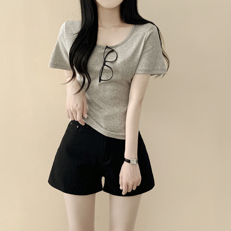 퀄좋은 모달 스판 무지 라운드 유넥 여름 반팔티셔츠 허리잘록 허얇골넓 기본티 그레이