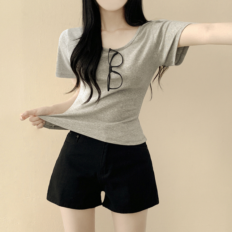퀄좋은 모달 스판 무지 라운드 유넥 여름 반팔티셔츠 허리잘록 허얇골넓 기본티 그레이