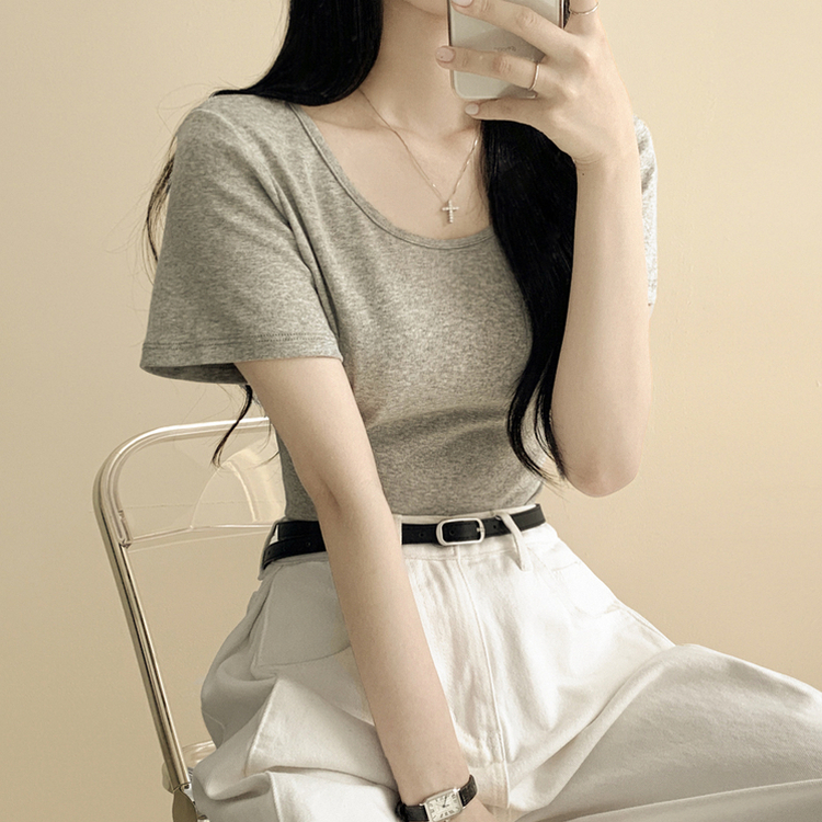 퀄좋은 모달 스판 무지 라운드 유넥 여름 반팔티셔츠 허리잘록 허얇골넓 기본티 그레이