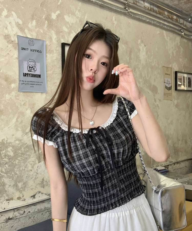 チェックレースフリルブラウス BLACK