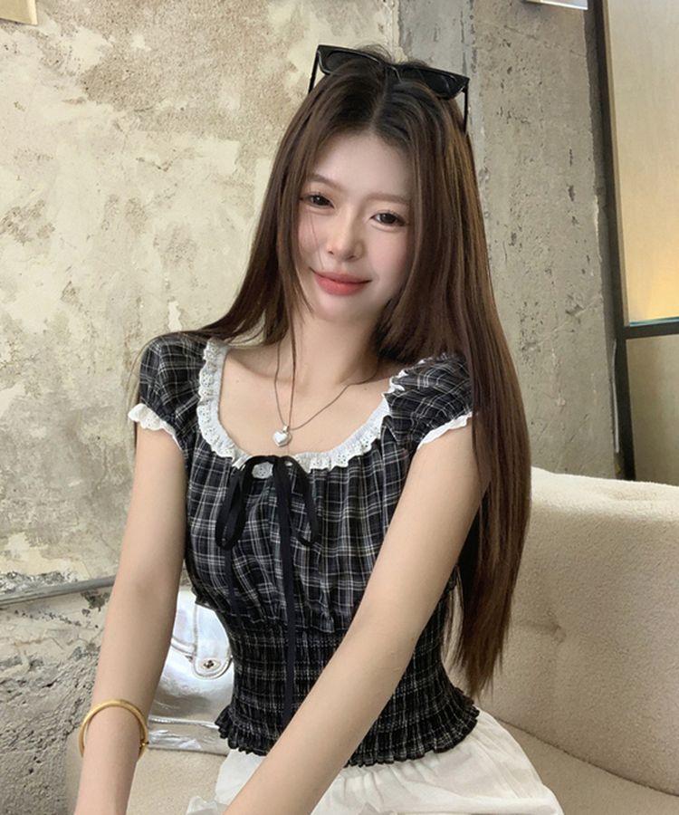 チェックレースフリルブラウス BLACK