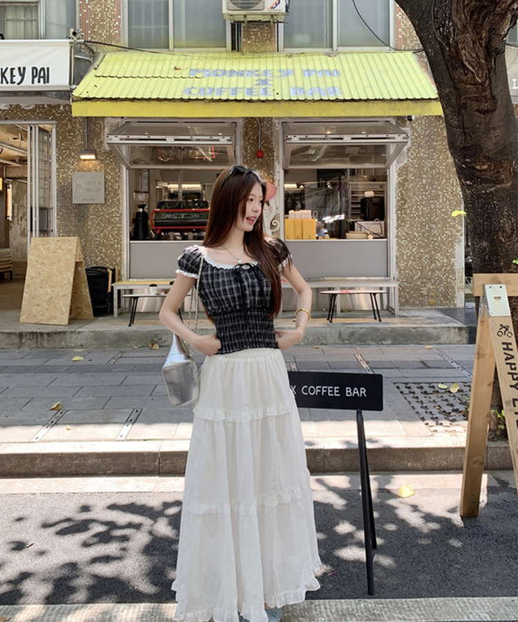 チェックレースフリルブラウス BLACK