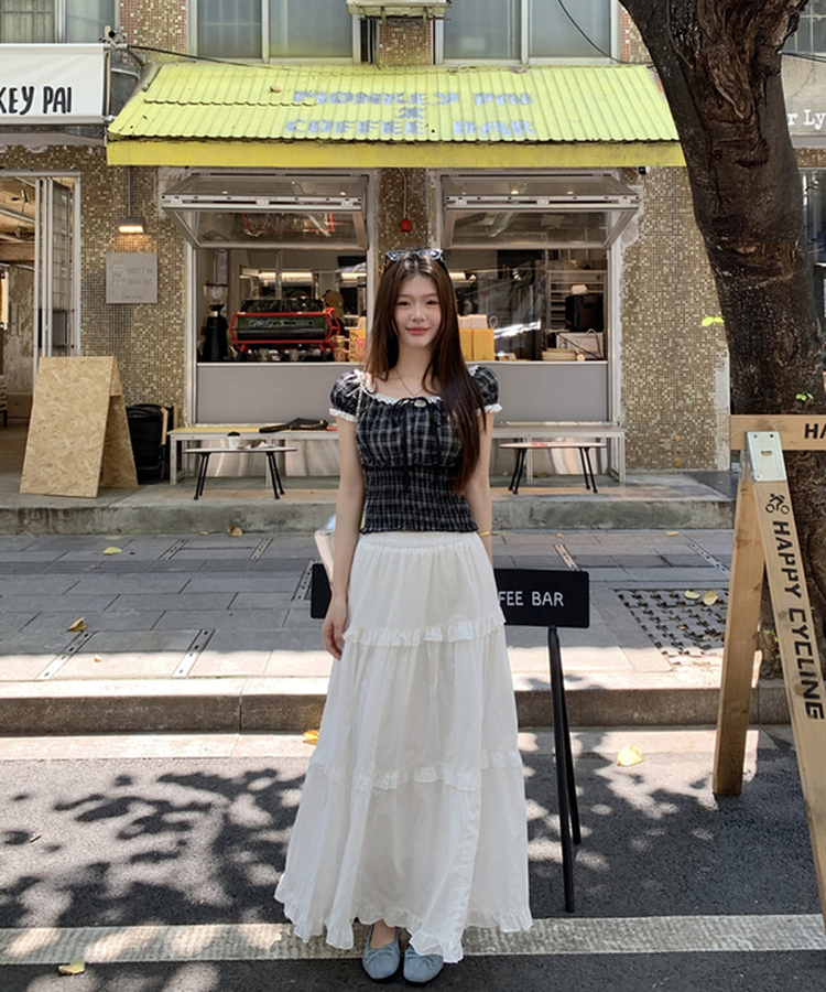 チェックレースフリルブラウス BLACK