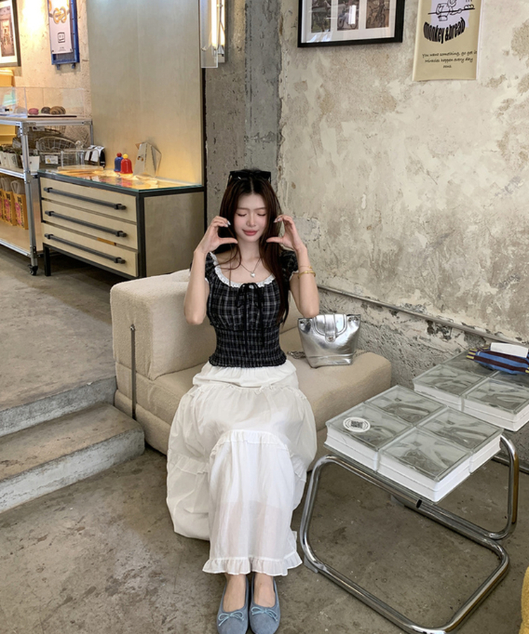 チェックレースフリルブラウス BLACK