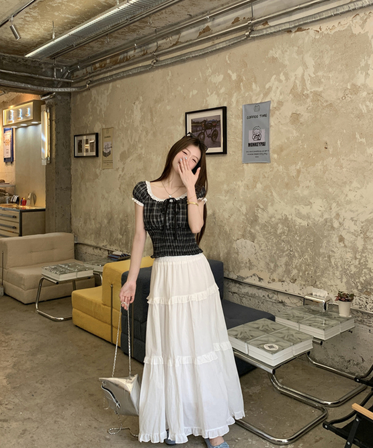 チェックレースフリルブラウス BLACK